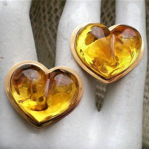 Designer LARGE 14K Gold Russian Baltic Honey Amber Heart Omega Back Earrings